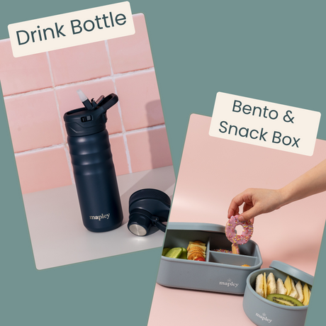 Drink bottle and bento & snack box set on a pink surface with a green background